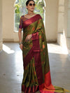 Banarasee Soft Semi Silk Saree With Contrast Border-Olive Green