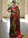 Banarasee Soft Semi Silk Saree With Contrast Border-Olive Green