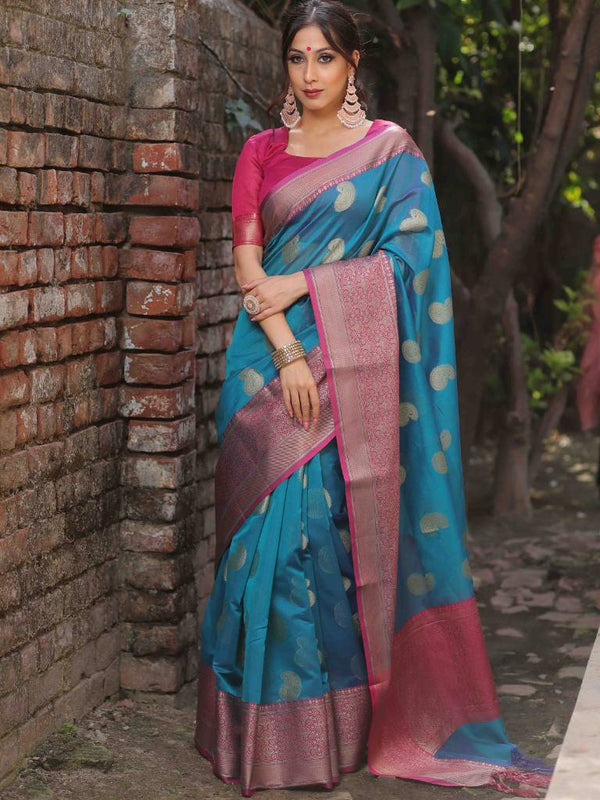Banarasee Cotton Silk Mix Saree With Zari Paisley Buta-Rama Green