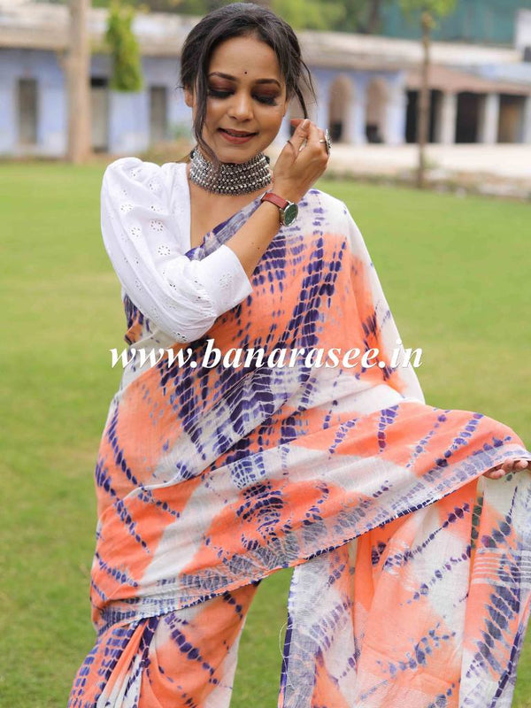 Linen Cotton Bagru Shibori Dye Saree-White & Peach