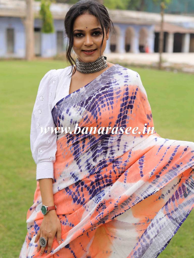 Linen Cotton Bagru Shibori Dye Saree-White & Peach