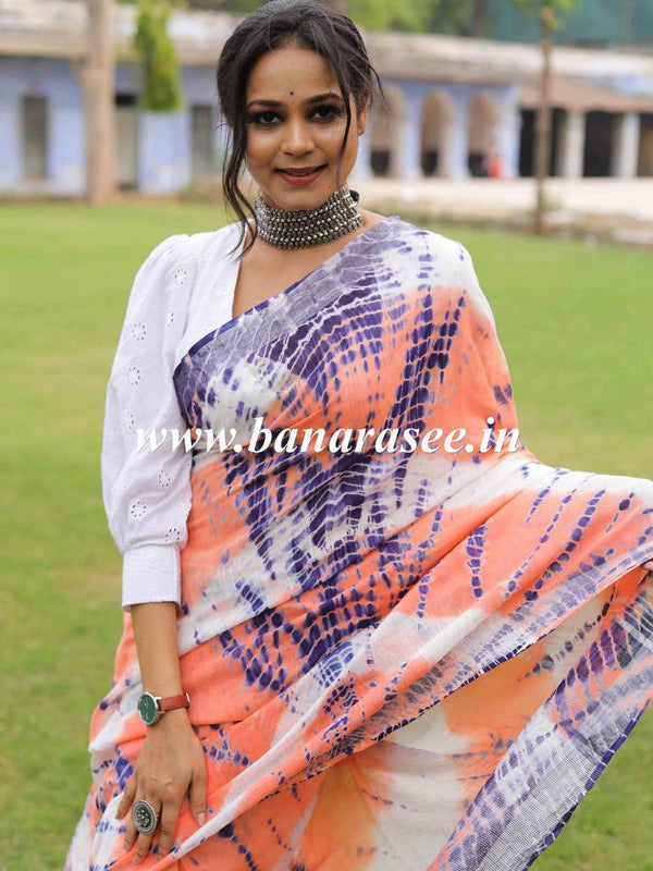 Linen Cotton Bagru Shibori Dye Saree-White & Peach