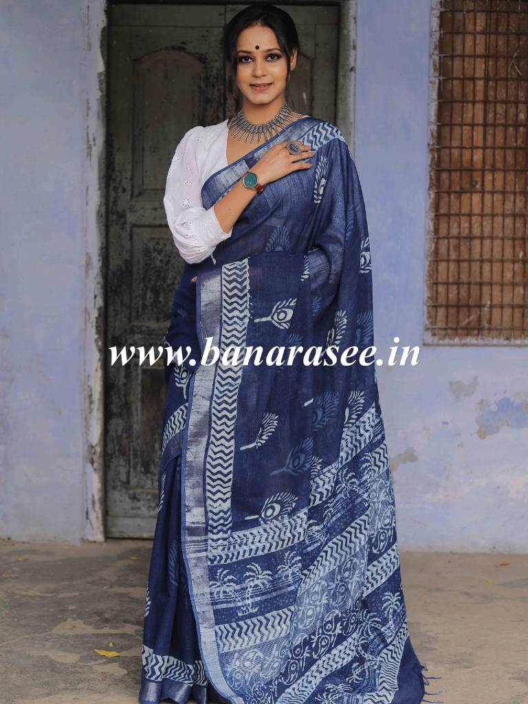 Linen Cotton Bagru Hand-Block Printed Saree-Blue