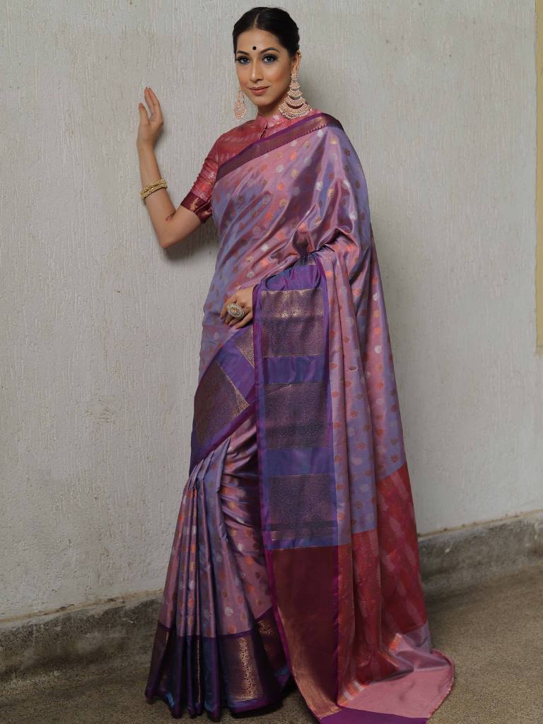 Banarasee Handwoven Soft Semi Silk Saree With Contrast Border Design-Purple (Dual Tone)