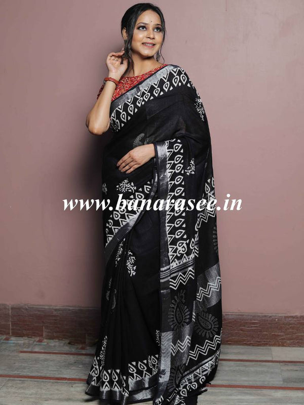 Linen Cotton Bagru Hand-Block Printed Saree-Black