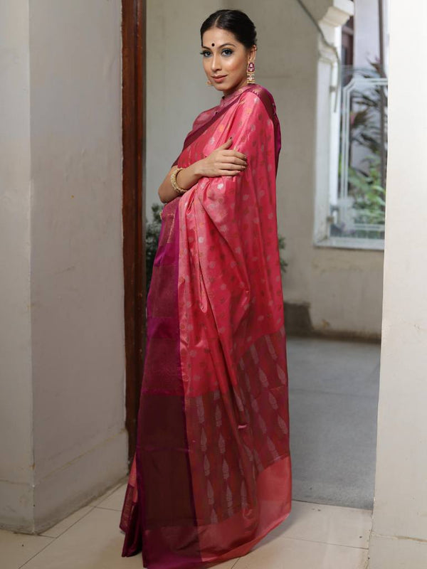 Banarasee Handwoven Soft Semi Silk Saree With Contrast Border Design-Peach