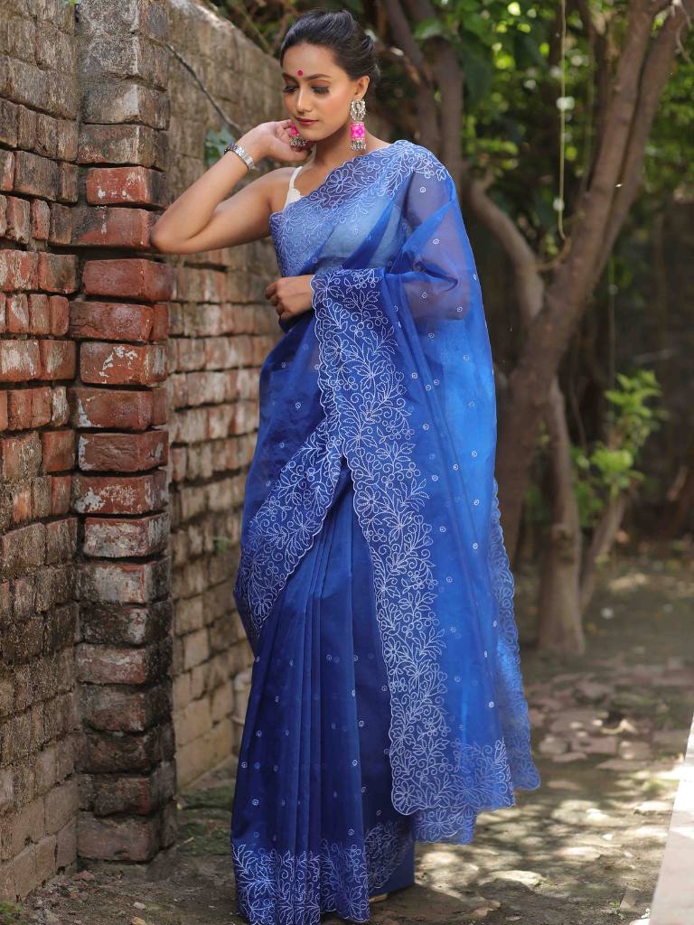 Banarasee Handwoven Organza Silk Floral Embroidered Saree-Royal Blue