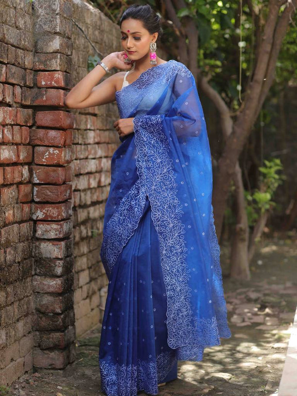 Banarasee Handwoven Organza Silk Floral Embroidered Saree-Royal Blue