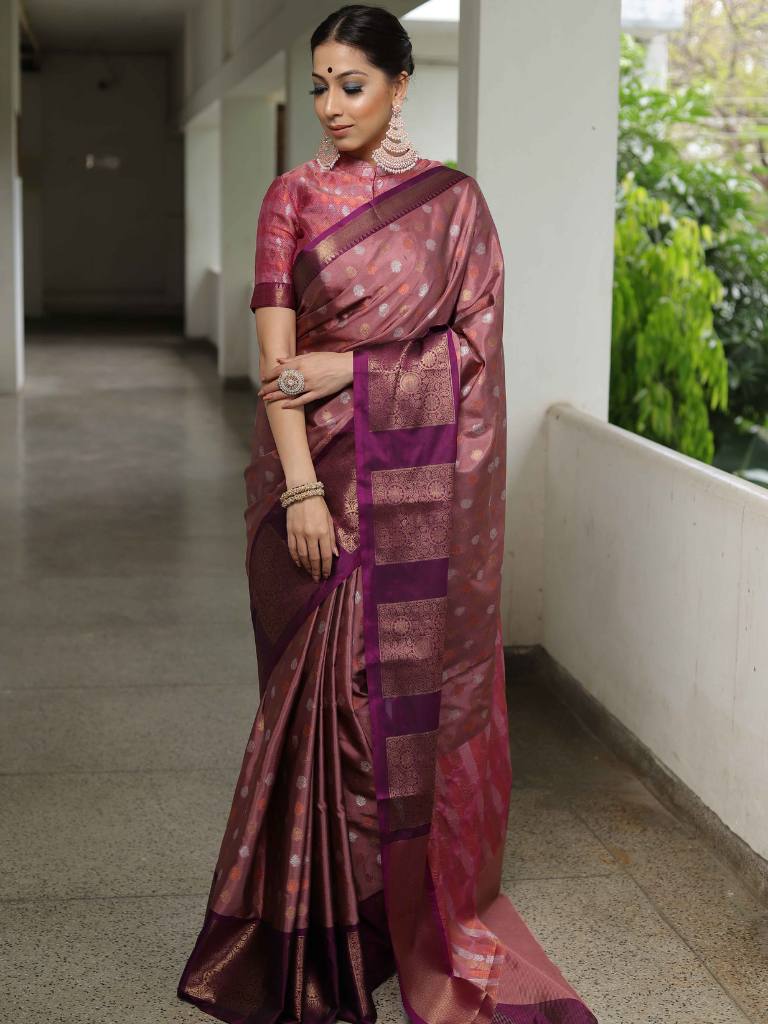 Banarasee Handwoven Soft Semi Silk Saree With Contrast Border Design-Fawn