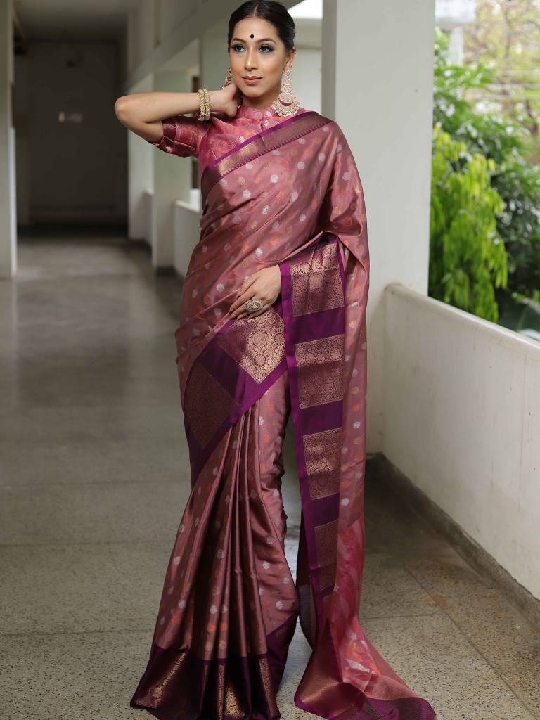 Banarasee Handwoven Soft Semi Silk Saree With Contrast Border Design-Fawn