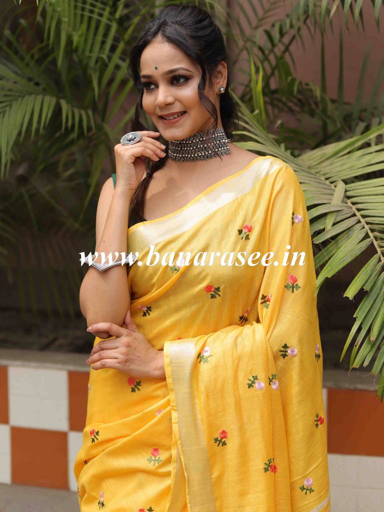 Bhagalpur Linen Cotton Resham Embroidered Saree-Yellow