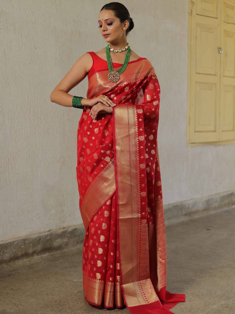 Banarasee Cotton Silk Zari Border & Buta Saree-Red