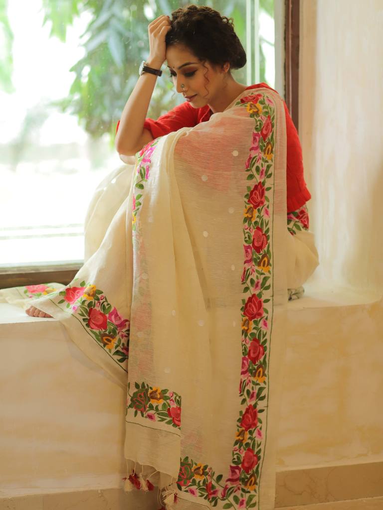 Bhagalpur Handloom Pure Linen By Mulberry Silk Saree With Embroidered Design-Ivory White