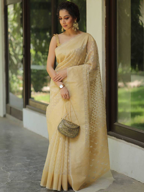 Banarasee Organza Silk Saree With Zari Motifs & Border-Beige