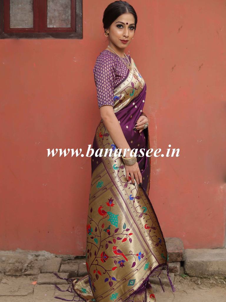Banarasee Handwoven Semi-Katan Zari Buta & Border Design Saree-Violet