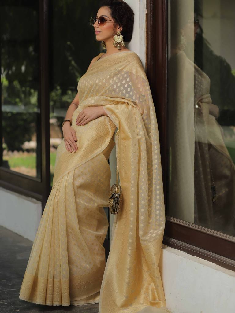 Banarasee Organza Silk Saree With Zari Motifs & Border-Beige