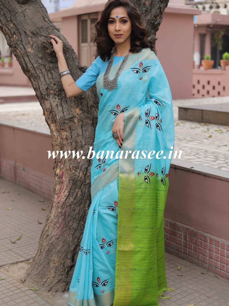 Bhagalpur Linen Cotton Resham Embroidered Saree-Blue