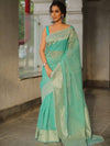 Banarasee Organza Silk Saree With Zari Motifs & Border-Sea Green