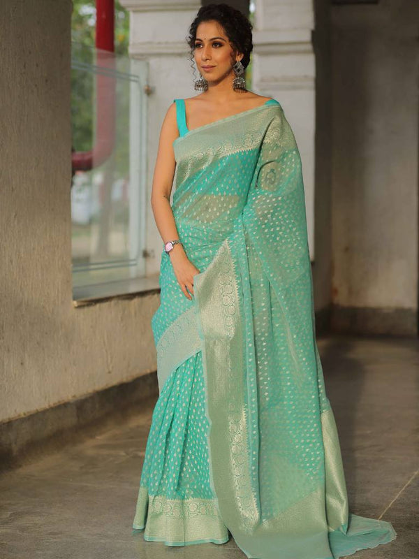 Banarasee Organza Silk Saree With Zari Motifs & Border-Sea Green