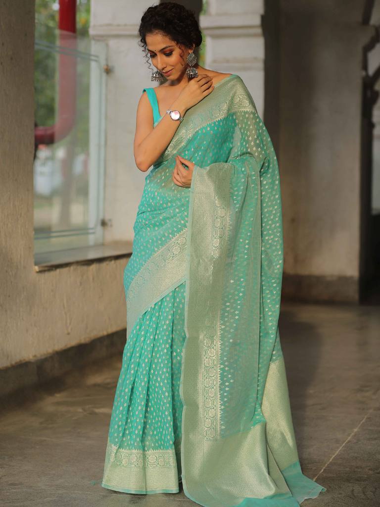 Banarasee Organza Silk Saree With Zari Motifs & Border-Sea Green