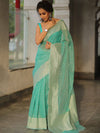 Banarasee Organza Silk Saree With Zari Motifs & Border-Sea Green