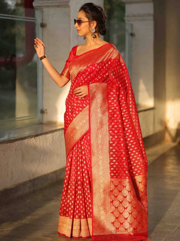 Banarasee Organza Silk Saree With Zari Motifs & Border-Red