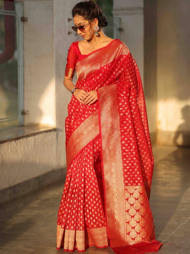 Banarasee Organza Silk Saree With Zari Motifs & Border-Red