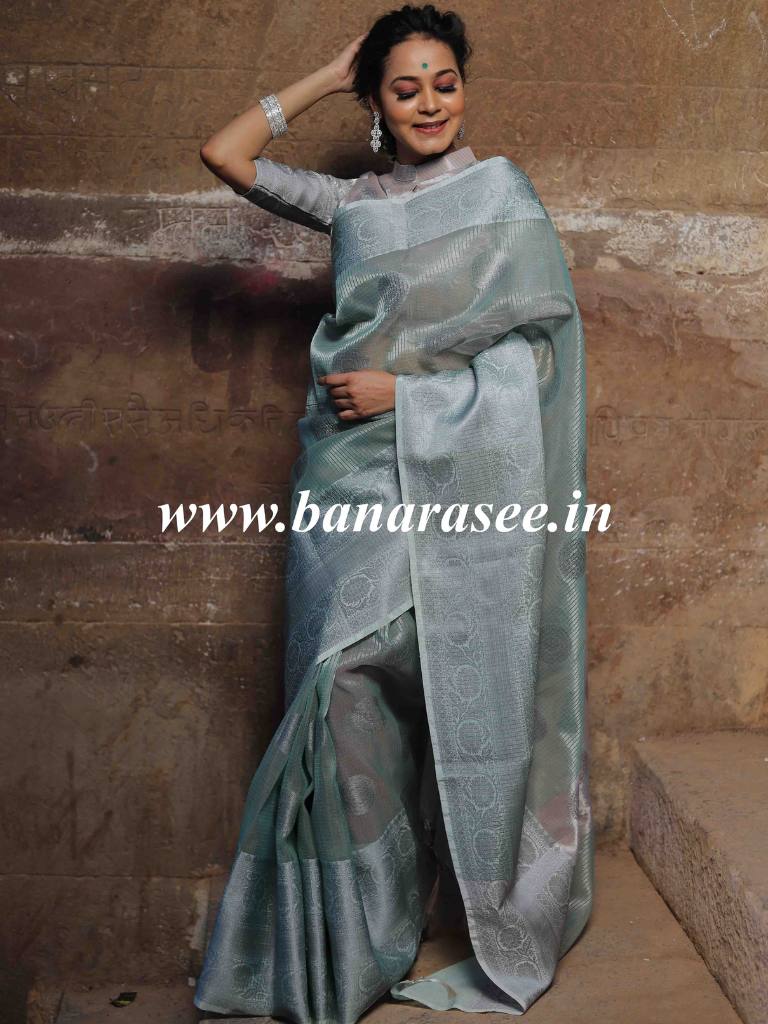 Banarasee Handwoven Broad Border Silver Zari Buta Design Tissue Saree-Green