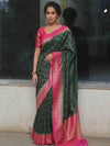 Banarasee Semi-Katan Zari Jaal & Contrast Border Saree-Green & Pink