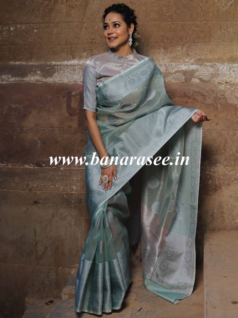 Banarasee Handwoven Broad Border Silver Zari Buta Design Tissue Saree-Green