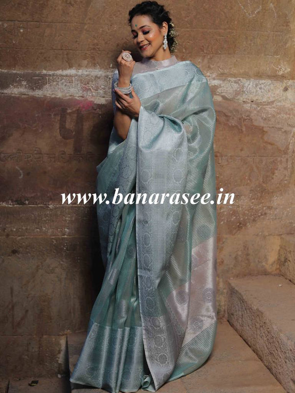 Banarasee Handwoven Broad Border Silver Zari Buta Design Tissue Saree-Green