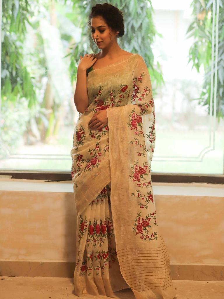 Bhagalpur Handloom Pure Linen By Mulberry Silk Saree With Embroidered Design-Ivory White