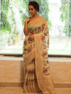 Bhagalpur Handloom Pure Linen By Mulberry Silk Saree With Embroidered Design-Ivory White