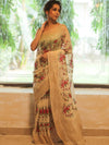 Bhagalpur Handloom Pure Linen By Mulberry Silk Saree With Embroidered Design-Ivory White