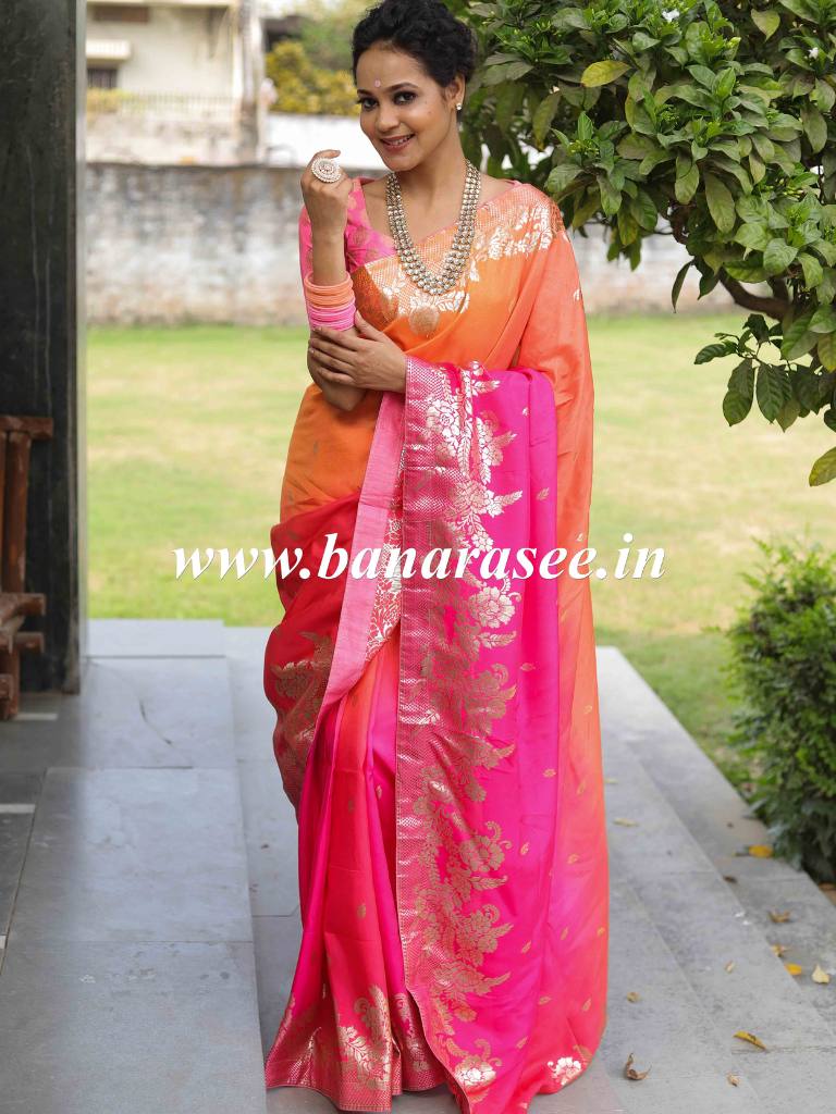 Banarasee Handwoven Dual  Color Semi Silk Saree With Floral Buta & Broad Border-Orange & Pink