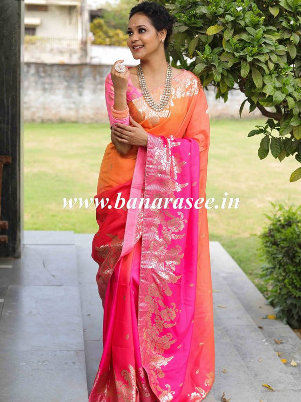 Banarasee Handwoven Dual  Color Semi Silk Saree With Floral Buta & Broad Border-Orange & Pink