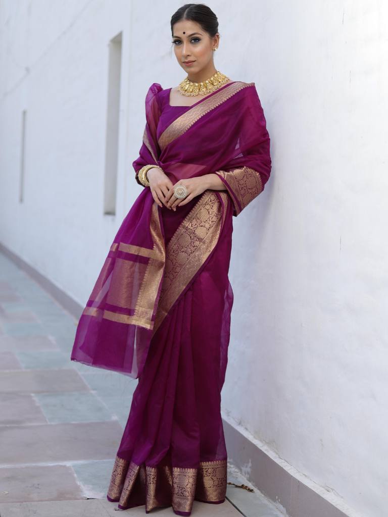 Banarasee Organza Mix Saree With Zari Border-Violet