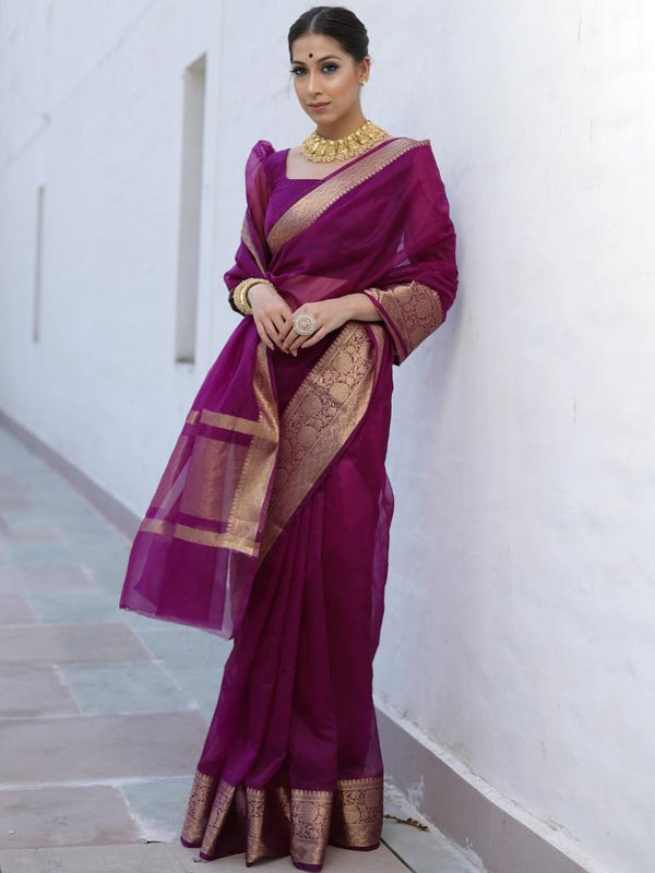 Banarasee Organza Mix Saree With Zari Border-Violet