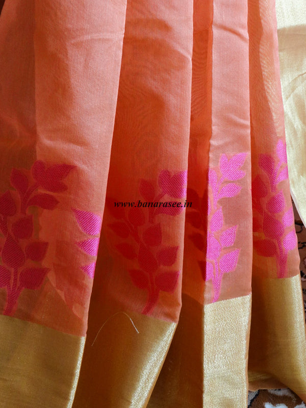 Banarasee Chanderi Cotton Broad Border Leaf Buti- Orange