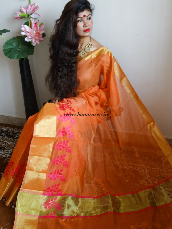 Banarasee Chanderi Cotton Broad Border Leaf Buti- Orange