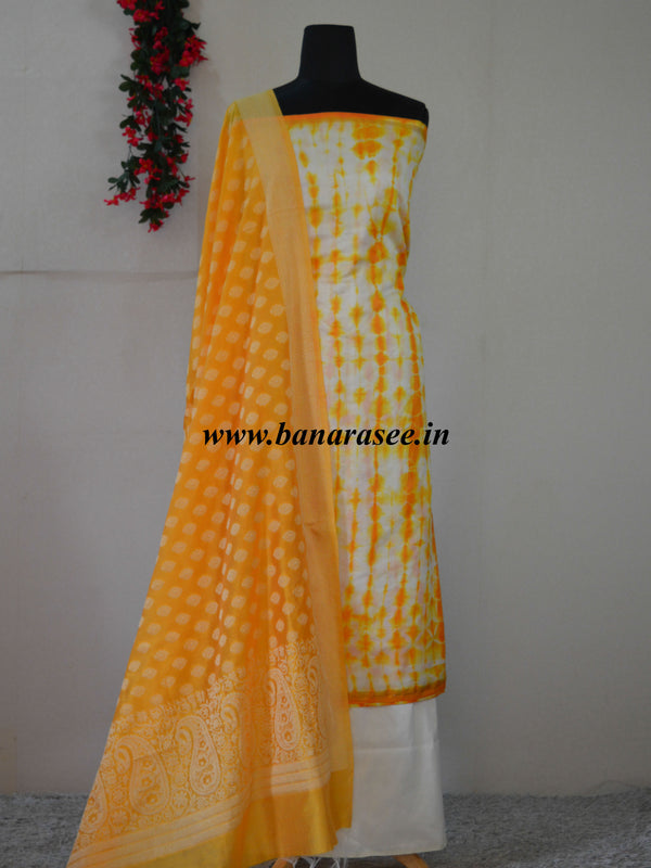 Banarasee Shibori Dyed Chanderi Salwar Kameez Fabric With Contrast Dupatta-Off White