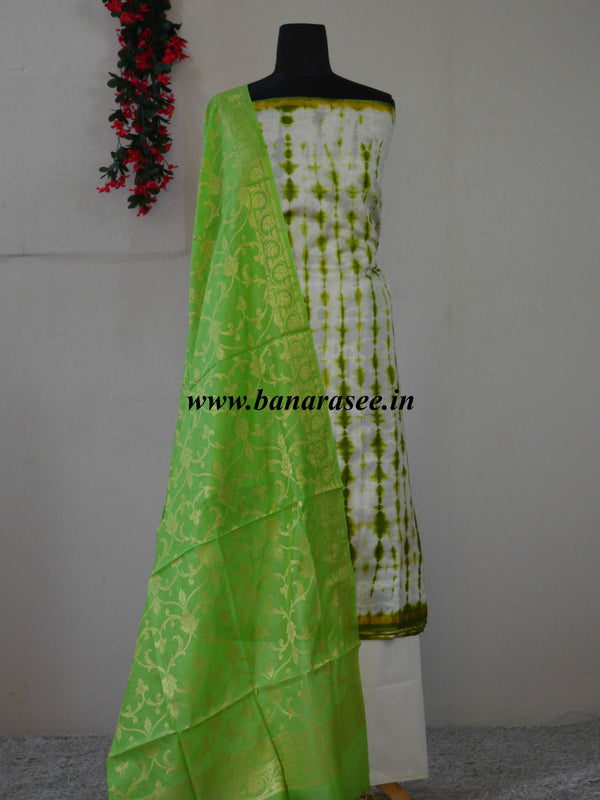 Banarasee Shibori Dyed Chanderi Salwar Kameez Fabric With Contrast Dupatta-Off White