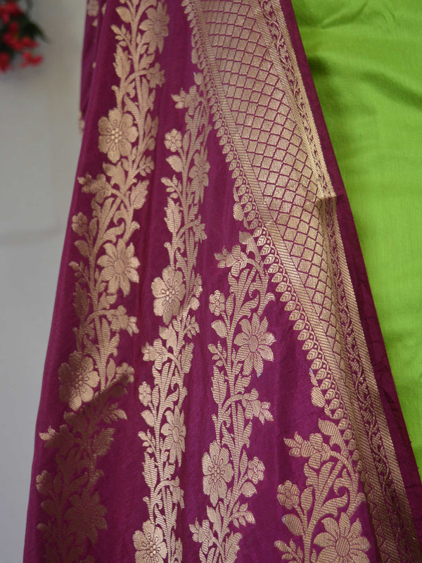 Banarasee Cotton Silk Salwar Kameez Fabric With Contrast Wine Pure Silk Dupatta-Lime Green