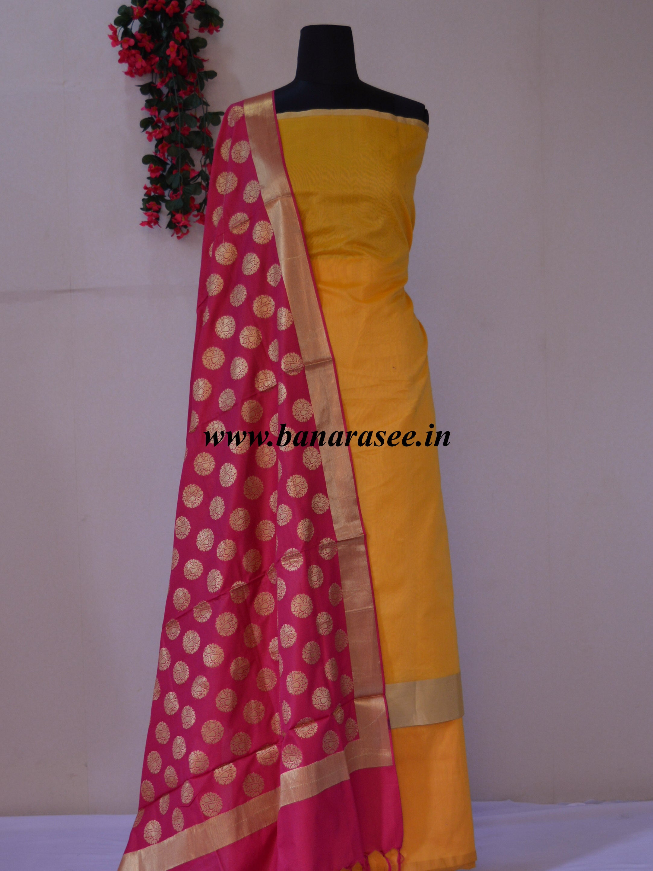 Banarasi Chanderi Cotton Salwar Kameez Fabric With Contrast Pink Dupatta-Yellow