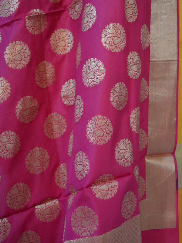 Banarasi Chanderi Cotton Salwar Kameez Fabric With Contrast Pink Dupatta-Yellow