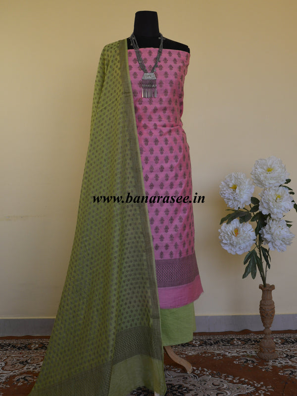 Banarasee Salwar Kameez Cotton Silk With Resham Buti Fabric & Green Dupatta-Pink
