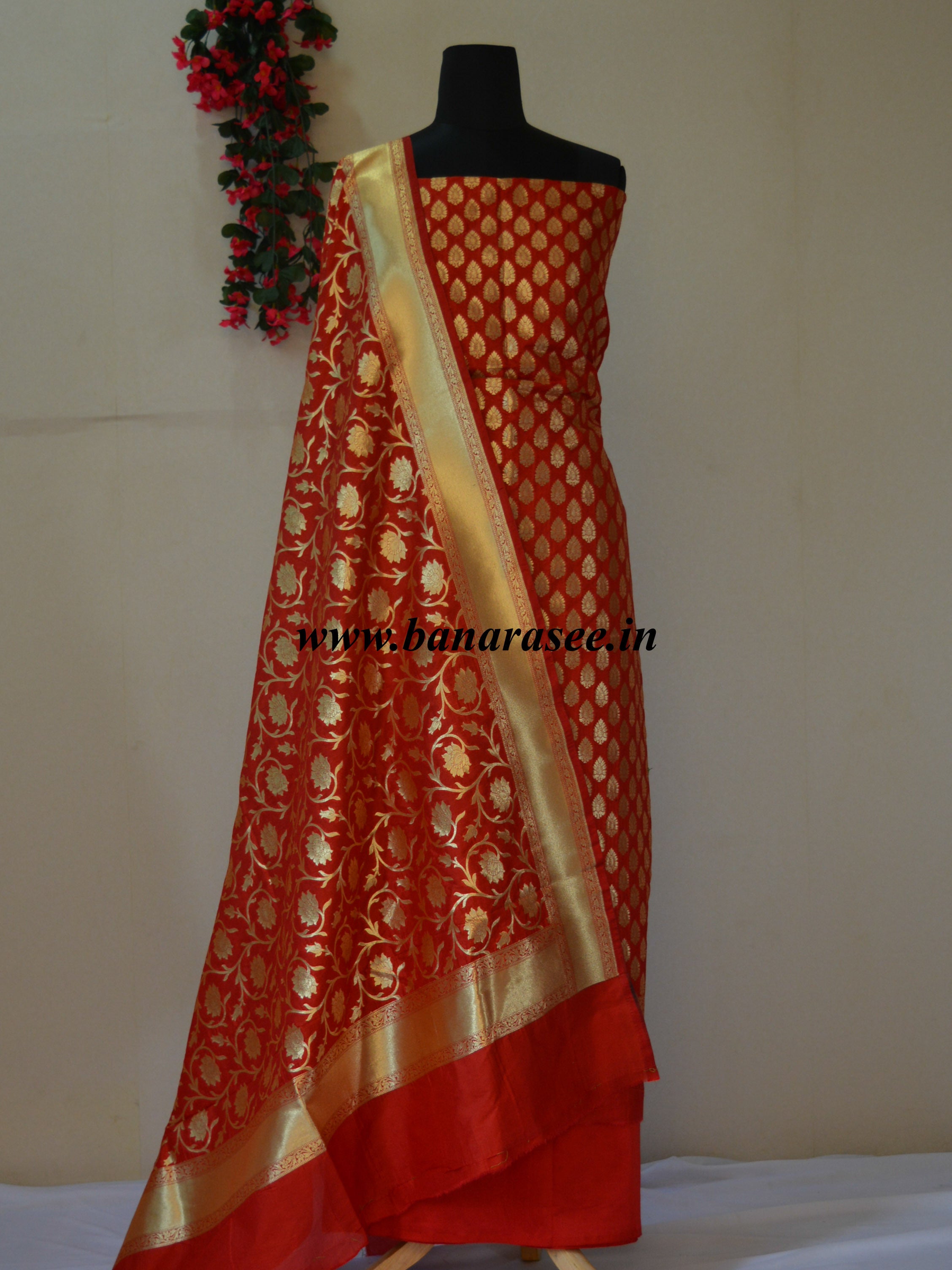 Banarasi Salwar Kameez Semi Katan Silk Zari Buta Work Fabric With Jaal Dupatta-Red