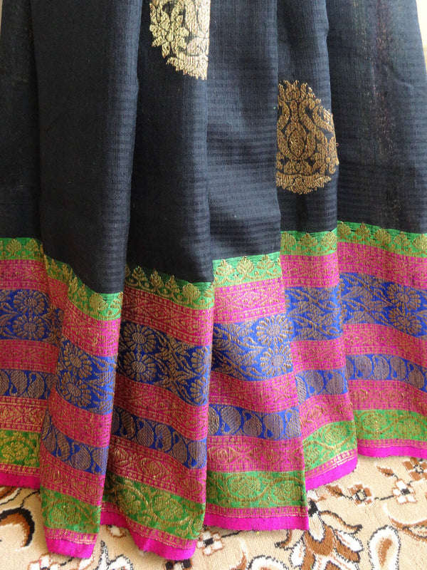 Banarasee Pure Handloom Dupion Silk Sari With Broad Border & Contrast Blouse-Black