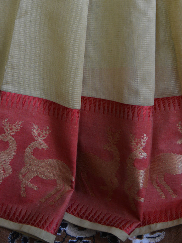 Banarasee Soft Cotton Saree With Zari Deer Motifs On Contrast Red Border-Beige