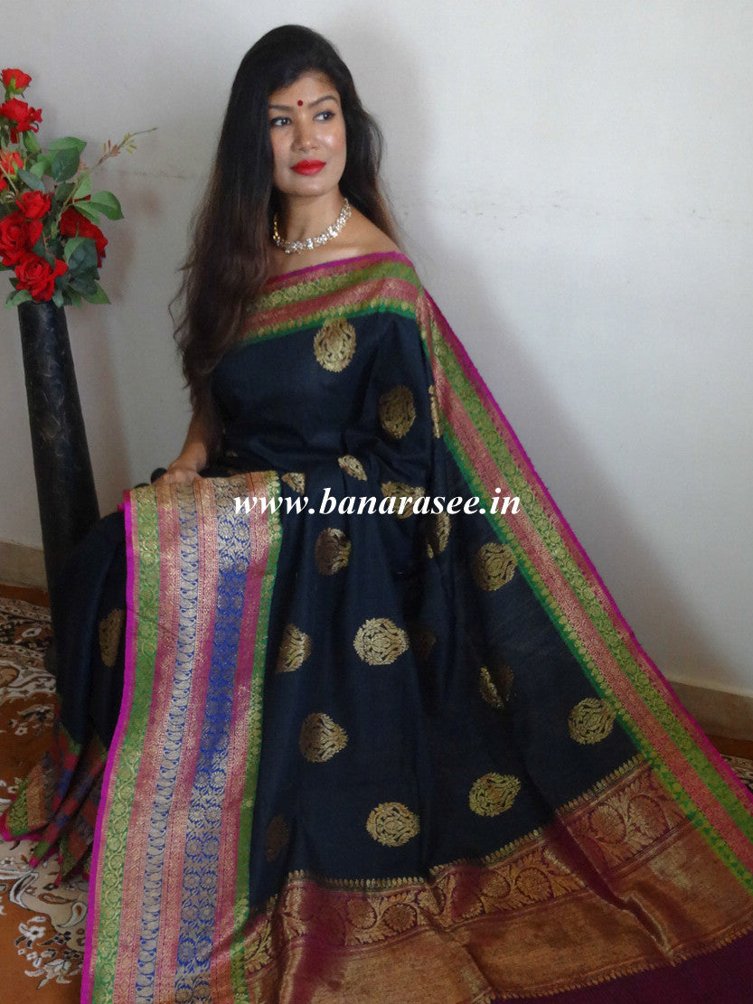 Banarasee Pure Handloom Dupion Silk Sari With Broad Border & Contrast Blouse-Black
